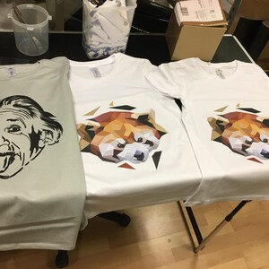 May include: Three t-shirts with different graphic designs. One t-shirt is light gray with a black and white illustration of Albert Einstein sticking his tongue out. The other two t-shirts are white with a red panda illustration in a geometric style.