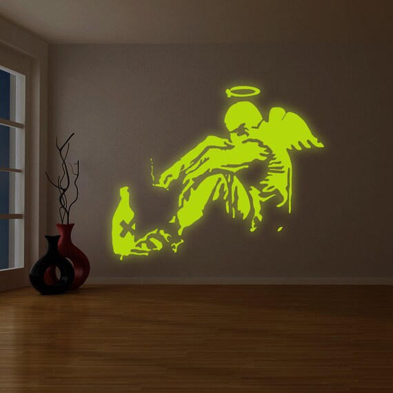banksy glowing vinyl wall decal giant fallen angel with rome | etsy