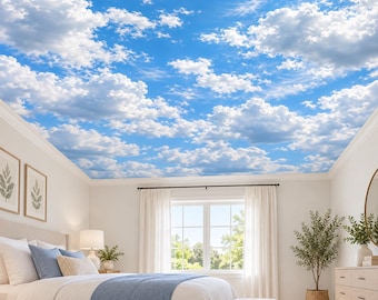 Blue Sky Clouds Ceiling Wall Decal | Realistic Cloud Ceiling Mural | Vinyl Bedroom Decor | Nursery and Kids Room Decor | Sky Wallpaper Look