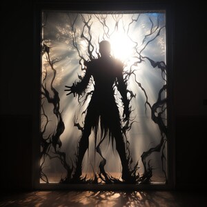 May include: A silhouette of a person standing in a doorway, with dark, vine-like tendrils growing from their body and reaching out towards the light.