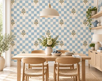 Blue Botanical Checkered Wallpaper | Self Adhesive Vinyl Wall Mural | Cottage Dining Room Decor | Watercolor Check Pattern | Wall Accent
