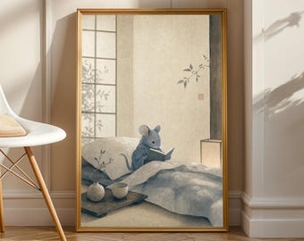 Blue Gray Mouse Reading in Bed Poster | Japanese Ink Wash Animal Wall Art | Blue Gray Illustration | Zen Bedroom Decor | Cozy Book Lover Art