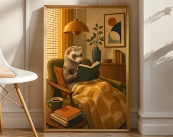 Silver Ferret Reading in Armchair Poster | Mid Century Modern Ferret Wall Art | Warm Cream Walnut Brown Decor | Cozy Retro Living Room Print