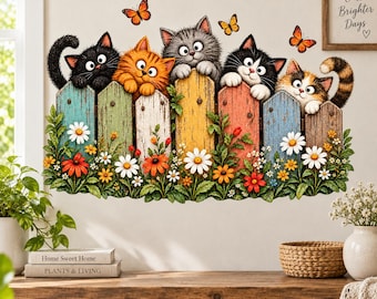 Cats on Fence Wall Decal | Playful Cat Wall Sticker | Colorful Garden Cat Decor | Cat Lover Wall Art | Rustic Floral Home Decor | Funny Cats