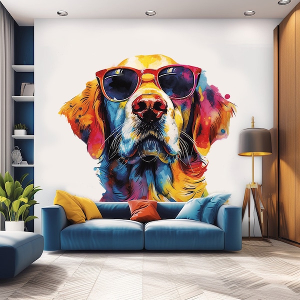 Golden Retriever with Sunglasses Wall Decal - Expressive Watercolor Dog Sticker for Vibrant Room Decor - Repositionable Pet Art Gift Mural