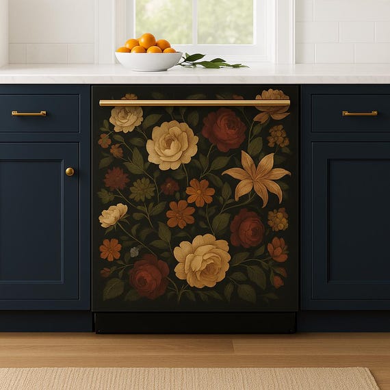 Vintage Rose Dishwasher Cover | Magnetic Dark Floral Kitchen Decal | Removable Vinyl Sticker Wrap | Botanical Appliance Decor Kitchen