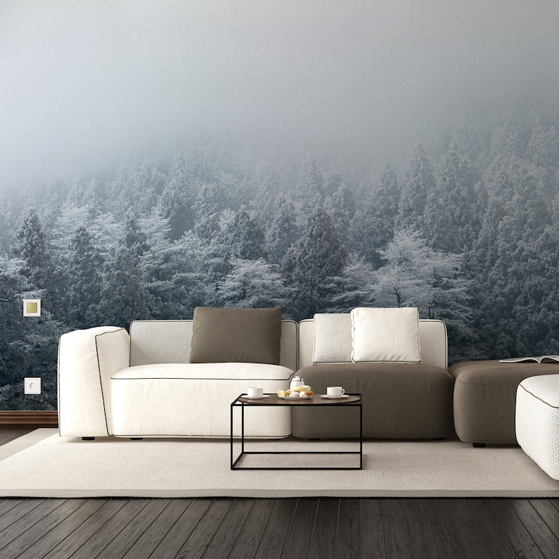 Foggy Forest Wallpaper Sticker Mural - Mountain Tree Fog Removable Wall ...