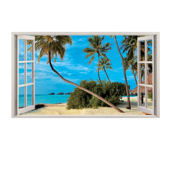Sticker mural 3D avec vue sur la plage pour fenêtre Chambre -  France