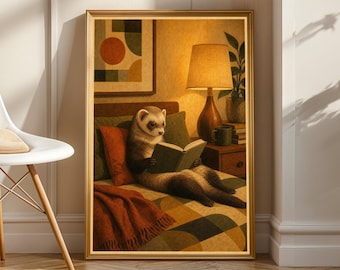 Roan Ferret Reading in Armchair Poster | Retro Painterly Ferret Wall Art | Yellow Walnut Brown Decor | Cozy Mid Century Living Room Print