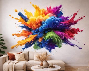 3D Paint Explosion Decal | Rainbow Splash Wall Art | Abstract Color Burst Sticker | Modern Art Mural | Vibrant Paint Drip Decor