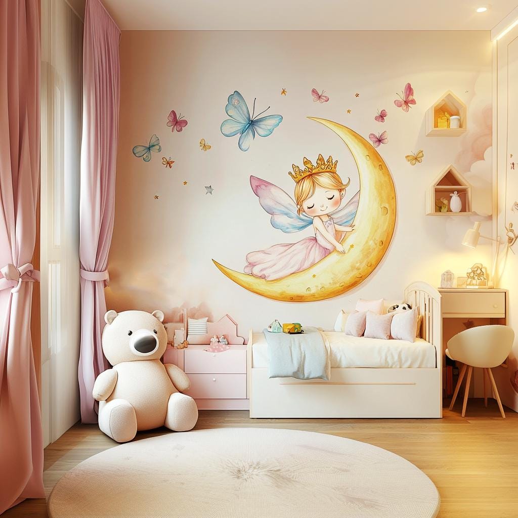 Fairy Princess on the Moon Wall Decal | Pastel Nursery Wall Art ...