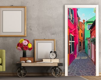 Adhesivo 3D para puerta, papel pintado de calle, mural para puerta de entrada, vinilo decorativo extraíble para interiores.