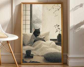 Black Mouse Reading a Book Poster | Japanese Sumi e Animal Wall Art | Warm Ivory and Fog Gray Illustration | Zen Bedroom Decor