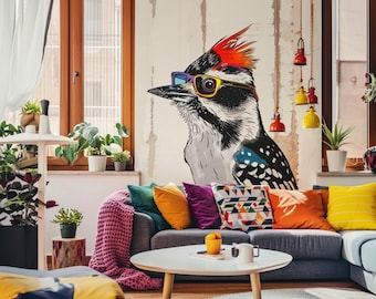 Downy Woodpecker Bird in Glasses Wall Sticker Decals - Colorful Art Style Room Decor - Perfect for Kids' Rooms, Nurseries, and Living Spaces