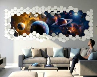 3D Space Wall Vinyl Decal | Galaxy Planets Broken Wall Illusion Sticker | Hexagon Honeycomb Frame Wall Art | Kids Room Sci Fi Decor