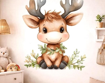 Baby Reindeer Wall Decal | Watercolor Woodland Nursery Decor | Cute Deer Sticker | Forest Animal Mural | Whimsical Reindeer Print