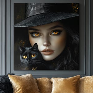 May include: A woman with long black hair wearing a black witch's hat and a black dress is looking at the camera. She has bright yellow eyes and a black cat with yellow eyes is sitting on her shoulder.