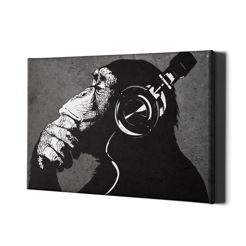 Quadro Su Tela Banksy Dj Monkey 50x35 Cm - Stampe Moderne Per Arredamento Casa
