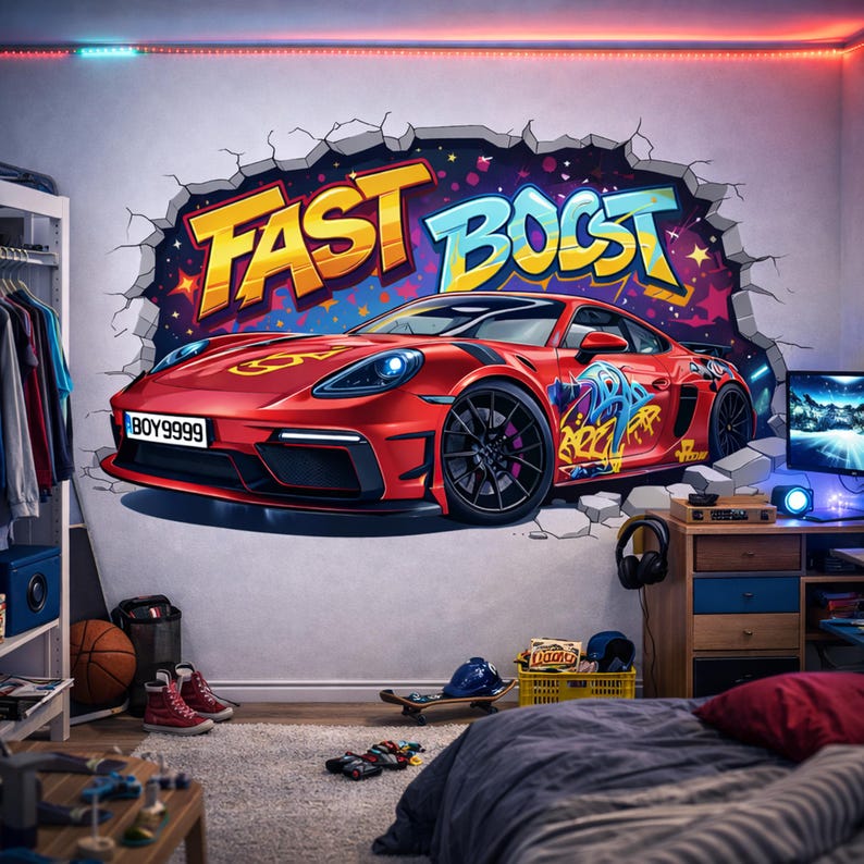 3D Race Car Wall Decal | Graffiti Sports Car Mural | Fast Boost Wall ...