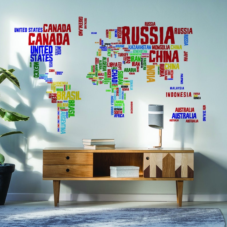 World Map Vinyl Wall Sticker - Country Name Word Kid Large Art Decor ...