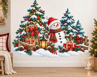 Snowman Christmas Wall Decal | Winter Woodland Vinyl Wall Decor | Christmas Tree Living Room Decoration | Rustic Holiday Mural | Family Room