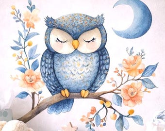 Sleeping Owl Wall Decal | Watercolor Nursery Art | Blue Owl Moon Sticker | Floral Branch Wall Mural | Baby Girl Boy Room Decor