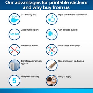 May include: A graphic with 10 reasons why you should buy printable stickers from this shop. The graphic features icons and text describing the benefits of the stickers, such as eco-friendly ink, high-quality German materials, up to 900 DPI print, transfer paper already applied, and a five-year warranty.