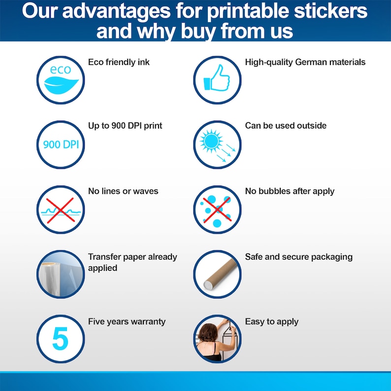 May include: A graphic with 10 reasons why you should buy printable stickers from this shop. The graphic features icons and text describing the benefits of the stickers, such as eco-friendly ink, high-quality German materials, up to 900 DPI print, transfer paper already applied, and a five-year warranty.