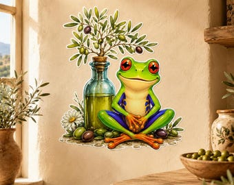 Weird Frog Wall Vinyl Decal | Olive Oil Meditation Frog Sticker | Funny Kitchen Wall Art | Quirky Yoga Decor | Mediterranean Cozy Home Decor
