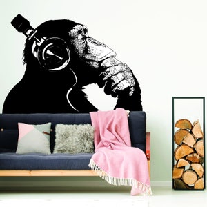 Banksy Wall Decal Thinking Monkey Art Sticker Dj Chimp The Thinker Gorilla With Headphones Home Decals Street Art Graffiti Mural Print image 4