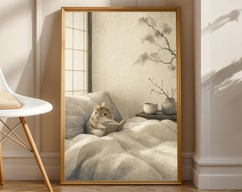 Texel Mouse Reading in Bed Poster | Japanese Ink Wash Animal Wall Art | Ivory and Fog Gray Illustration | Zen Bedroom Decor | Book Lover Art