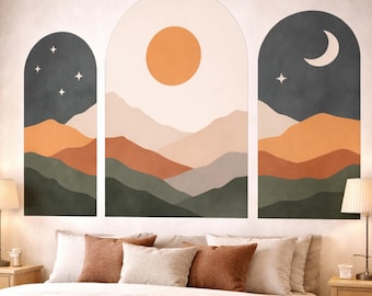 Boho Mountain Decal | Sun and Moon Art | Abstract Landscape | Arched Wall Sticker | Mid Century Decor | Neutral Nursery Art