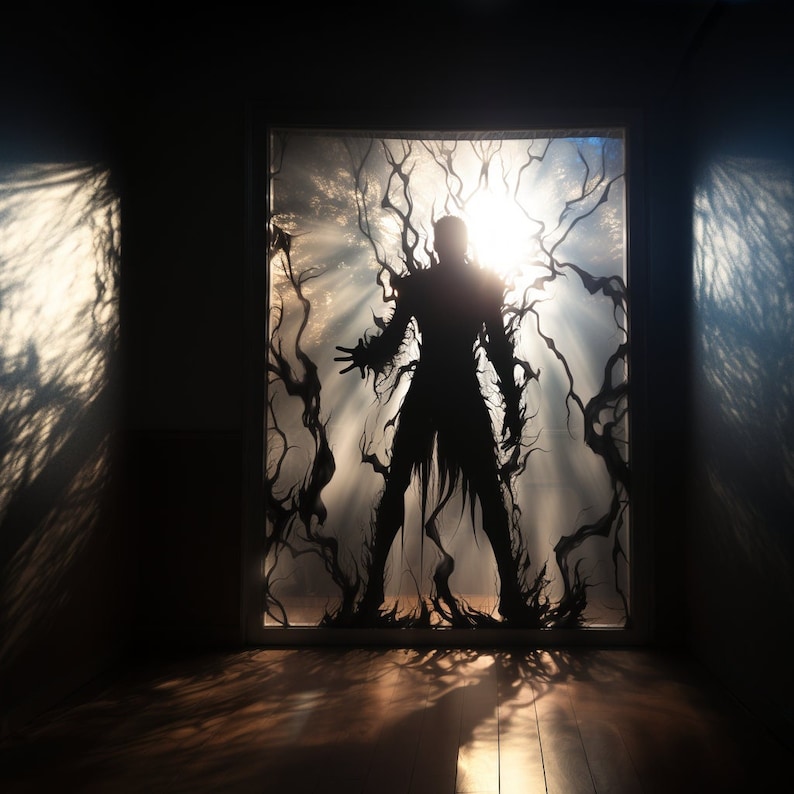 May include: A shadowy figure stands in a doorway, surrounded by dark, swirling tendrils. Light streams in from behind the figure, creating a dramatic silhouette.