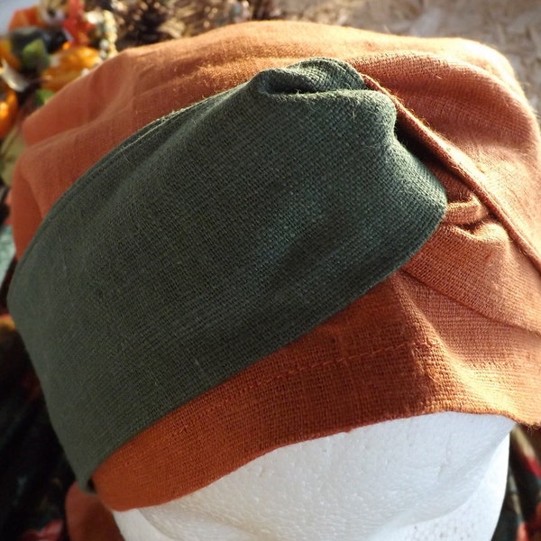 388 Lovely Leah Harvest Orange and Green 100% Linen Headcover Scarf with Matching Two Toned Wrap Ties