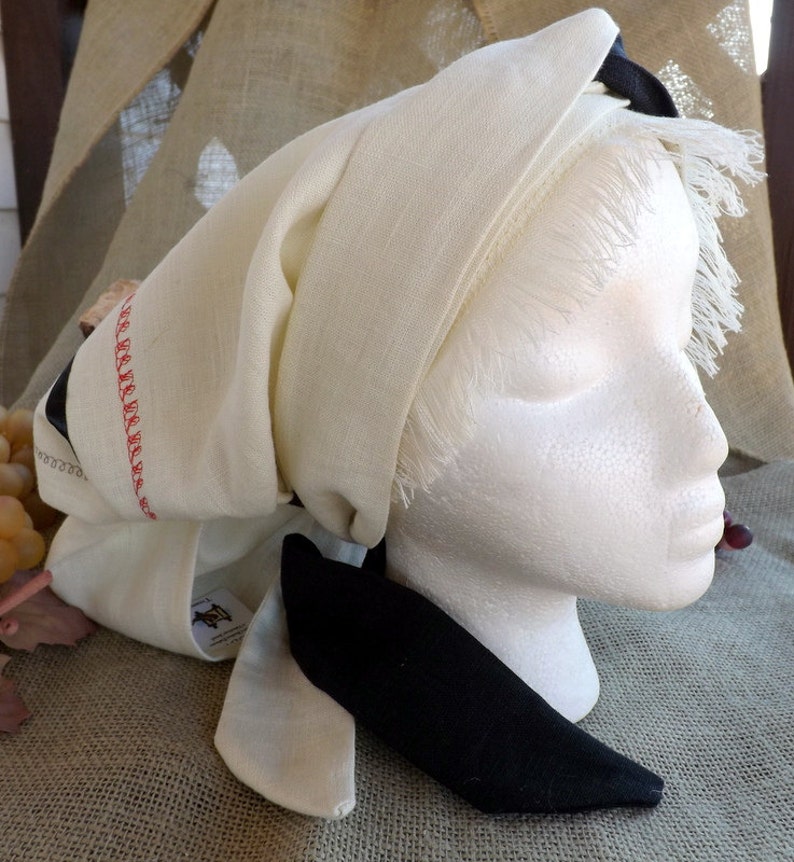 Ohr ha Olam 100% Linen Long Head Band Scarf with Matching Ribbon, Decorative Stitching and Two Toned Wrap Ties image 2