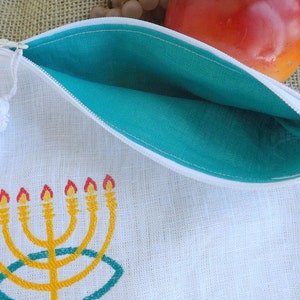 Emunah Echad (one faith) Ceramic Blue 100% Linen Tallit Bag Zippered Prayer Shawl Holder