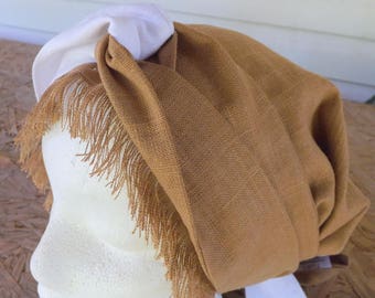 Caramel Ginger Brown Linen Long Tie Scarf Head Cover Tichel with Long Two Toned White and Caramel Wrap Ties