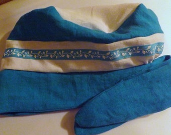 Ceramic Green & White 100% Linen Pull On Snood Cap with Teal Blue Ribbon Trim