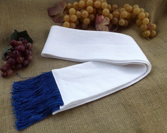 Wintery White 100% Linen Avnet or Sash with Royal Blue Tassel Trim