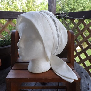 Winter white 100% Linen Pull-On Snood Cap Head Cover with Silver Ribbon Trim and Tie Closures