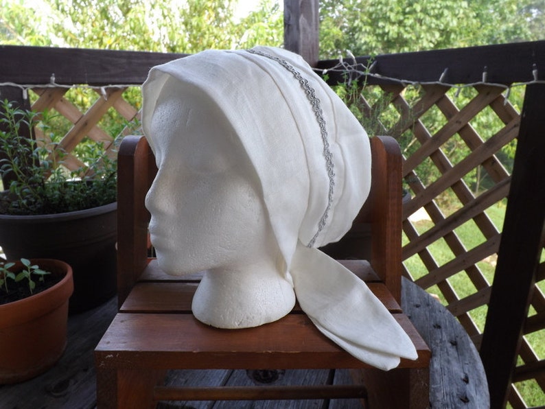 Winter white 100% Linen Pull-On Snood Cap Head Cover with Silver Ribbon Trim and Tie Closures image 1