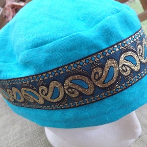 Aqua Teal 100% Linen Migba'ah Turban Cap with Matching Ribbon Trim