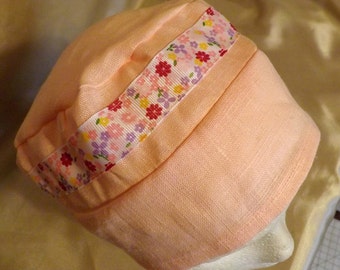 323 Pretty in Pink with Matching Ribbon 100% Linen Turban Snood Head Cover
