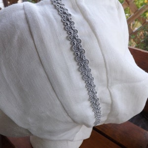Winter white 100% Linen Pull-On Snood Cap Head Cover with Silver Ribbon Trim and Tie Closures image 3