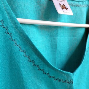 Ceramic Blue 100% Linen Caftan Vest with Natural Fray Botton Matching Decorative Stitching and Matching Ribbon Trim