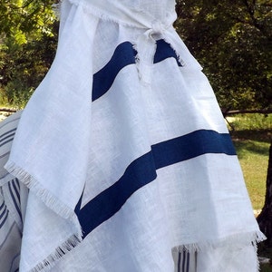 Shepherd of Israel 100% Linen Long Turban Scarf with Natural Fray and Ribbon Trim Head Cover