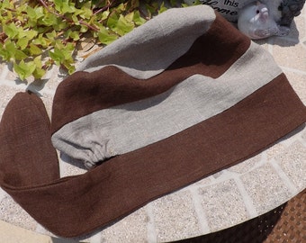103 Dromedary Natural &  Brown Two-Toned 100% Linen Pull On Snood with Tie Closure