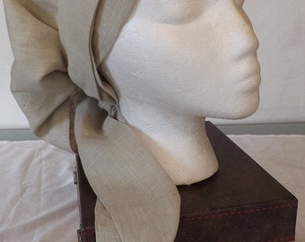 Beautiful Beige Solid 100% Linen Medium Length Head Band Scarf with Matching Wrap Ties