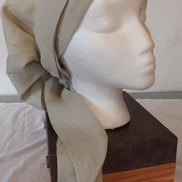 Beautiful Beige Solid 100% Linen Medium Length Head Band Scarf with Matching Wrap Ties
