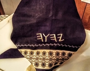 281 Paleo Hebrew 100% Linen Black with Jute-like Trim Long Head Band Cover with Matching Two Tone Ties and Decorative Stitching Trim